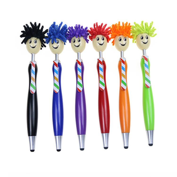 Hot Selling Creative Smile Face Mop Topper Ballpoint Pen Custom Logo Cute Plasti