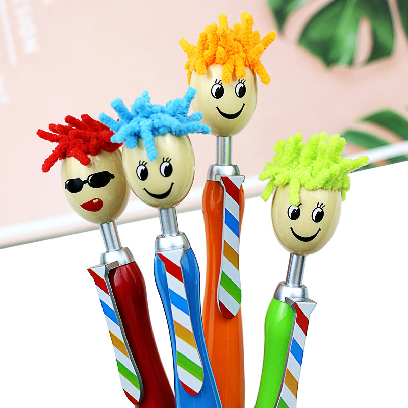 Hot Selling Creative Smile Face Mop Topper Ballpoint Pen Custom Logo Cute Plasti