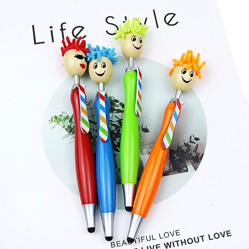 Hot Selling Creative Smile Face Mop Topper Ballpoint Pen Custom Logo Cute Plasti