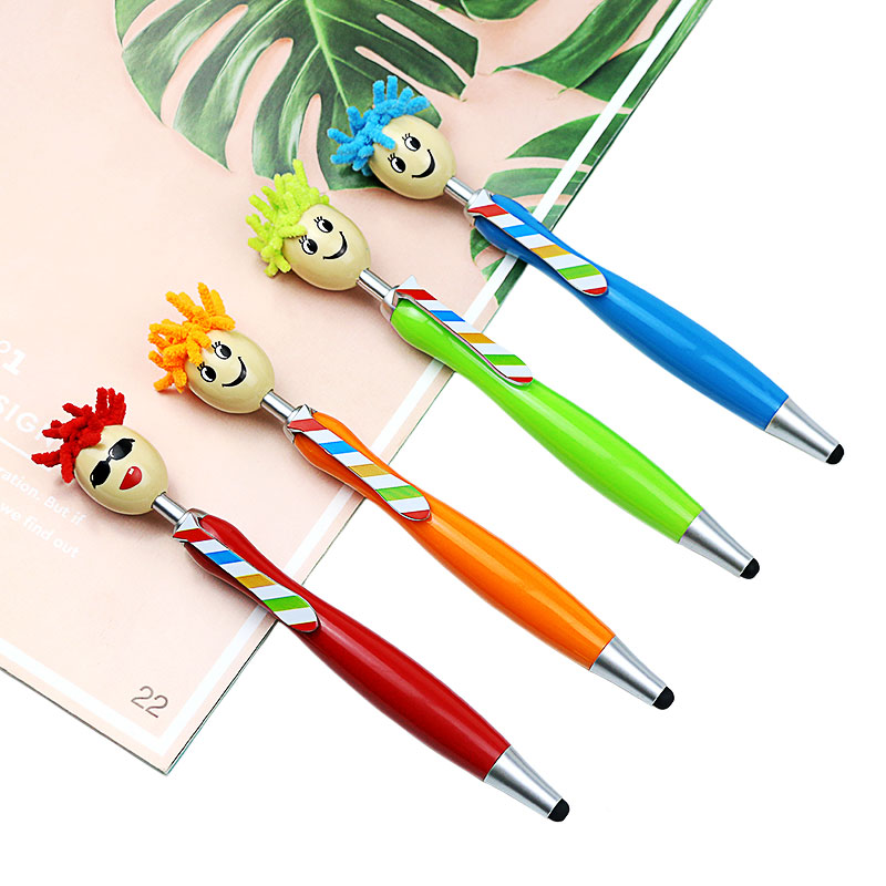 Hot Selling Creative Smile Face Mop Topper Ballpoint Pen Custom Logo Cute Plasti