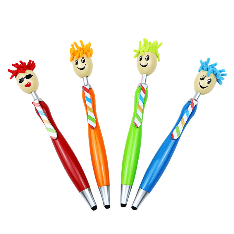 Hot Selling Creative Smile Face Mop Topper Ballpoint Pen Custom Logo Cute Plasti